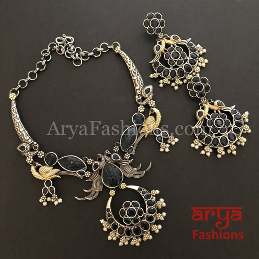 Aisha Dual Tone Oxidized Silver Statement Necklace with Handcarved Stones
