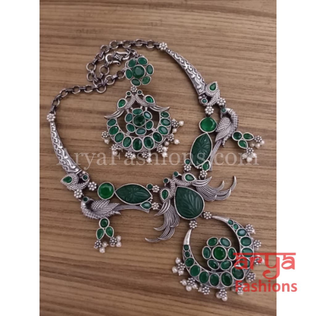 Aisha Dual Tone Oxidized Silver Statement Necklace with Handcarved Stones