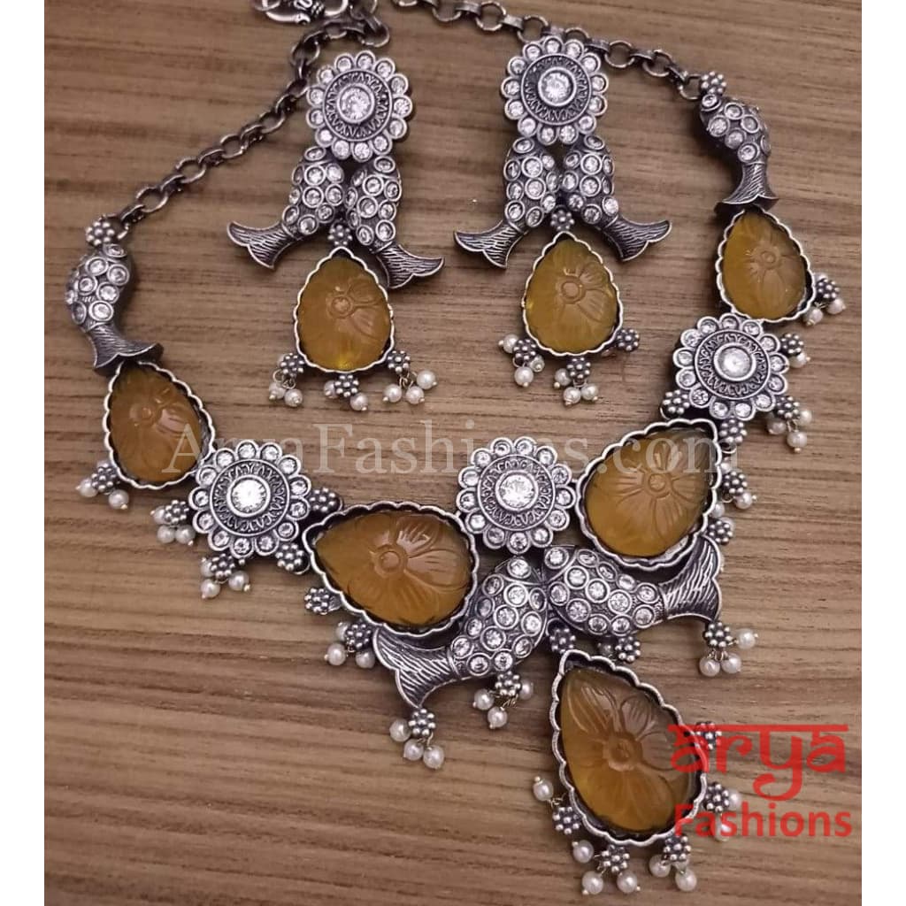 Aisha Handcarved Stones Dual Tone Oxidized Silver Statement Necklace