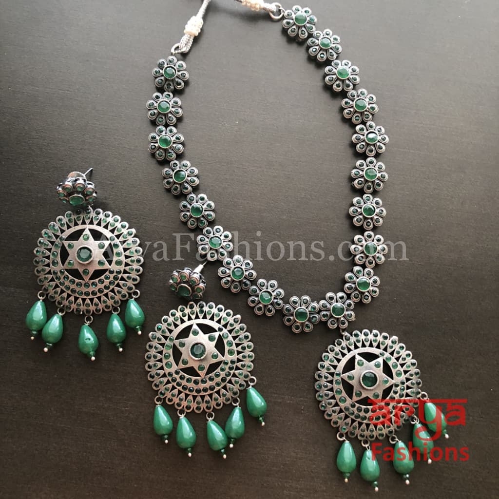 Aisha Long Oxidized Silver Statement Necklace with Pastel Stones and beads