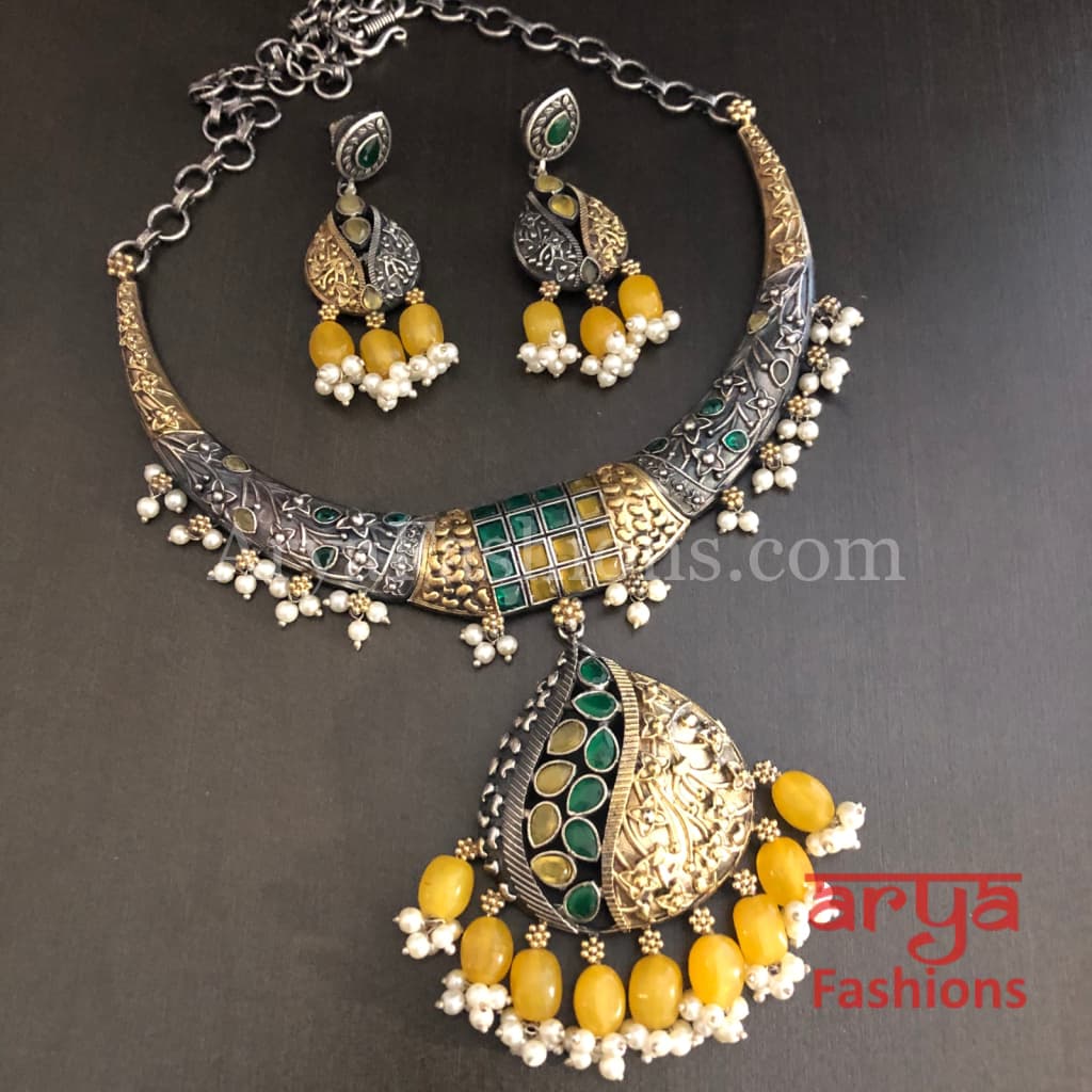 Akruti Dual Tone Designer Oxidized Silver Necklace with Multicolor Beads
