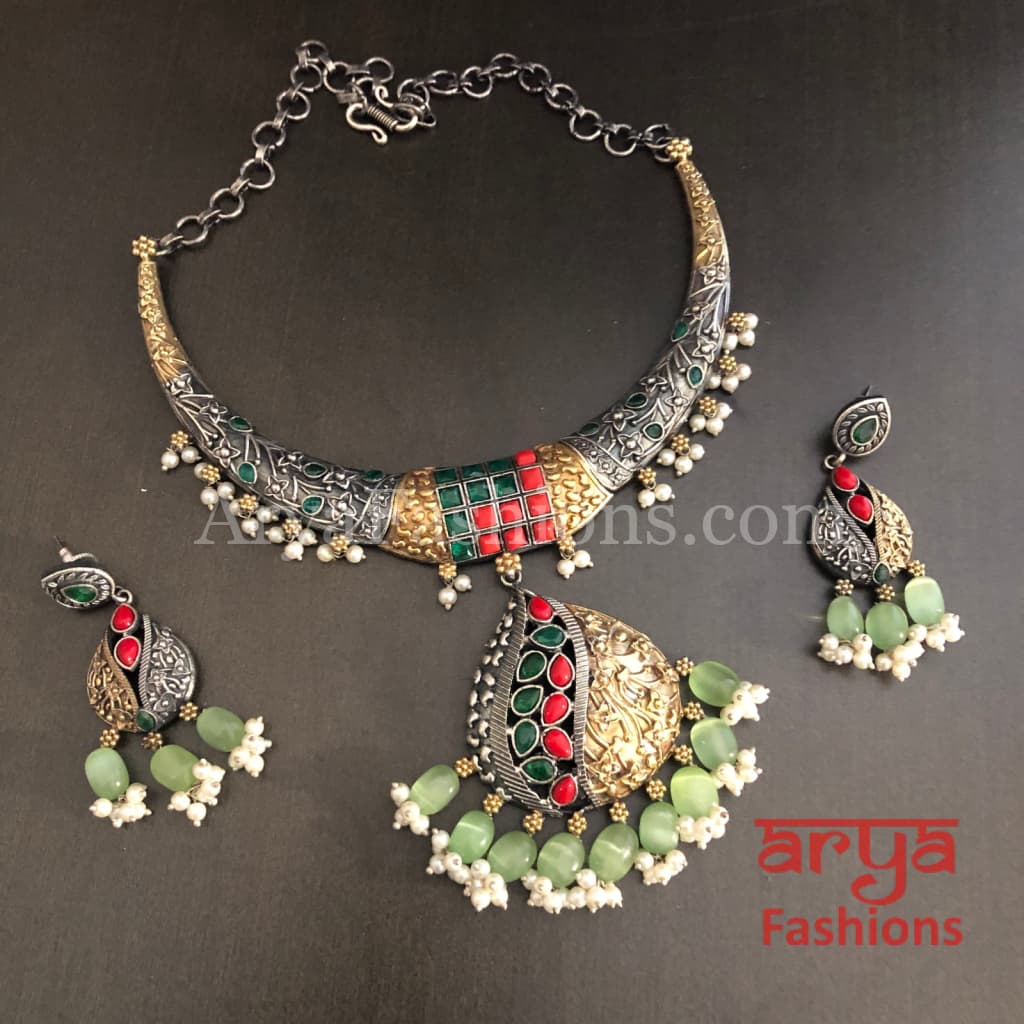 Akruti Dual Tone Designer Oxidized Silver Necklace with Multicolor Beads
