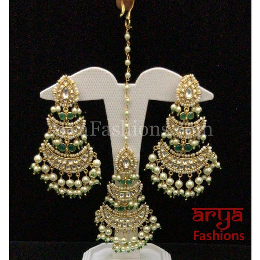 Amaira Pacchi Kundan Pearl Maang Tikka and Earrings Combo Set Indian Wedding