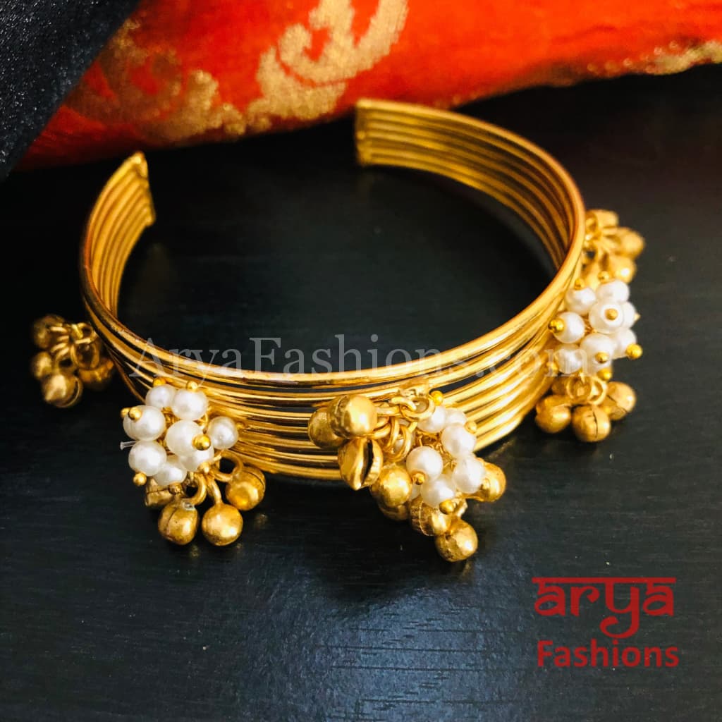 Amiera Pearl and golden beads Designer Cuff Bracelet / Golden Ethnic