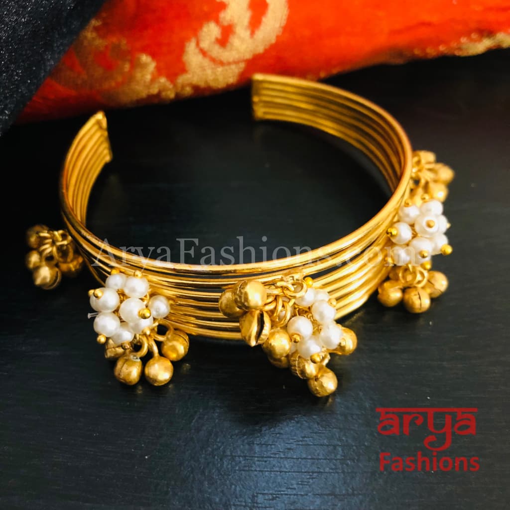 Amiera Pearl and golden beads Designer Cuff Bracelet / Golden Ethnic