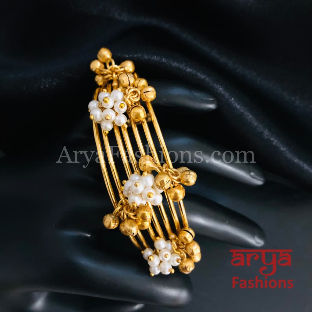 Amiera Pearl and golden beads Designer Cuff Bracelet / Golden Ethnic