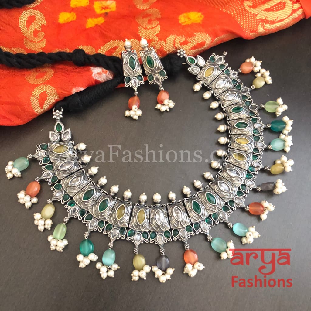 Amishi Oxidized Silver Jaipuri Tribal Necklace with Multicolor beads