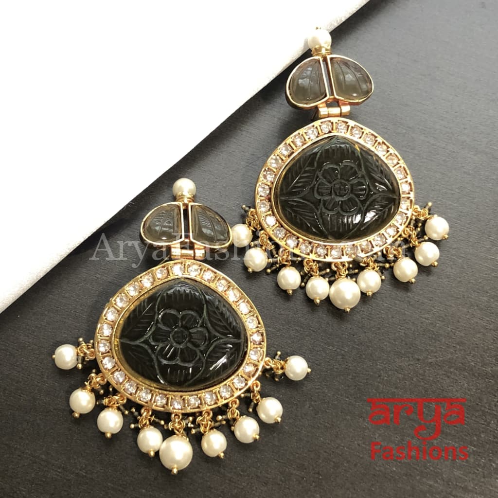 Amrapali Inspired Golden Chandbali Earrings with Handcarved stone