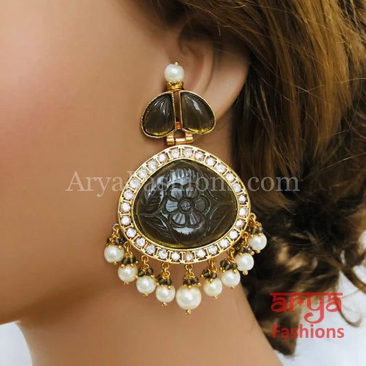 Amrapali Inspired Golden Chandbali Earrings with Handcarved stone