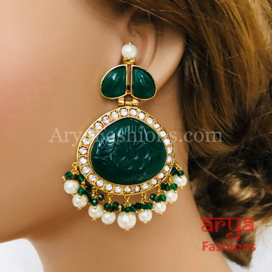 Amrapali Inspired Golden Chandbali Earrings with Handcarved stone