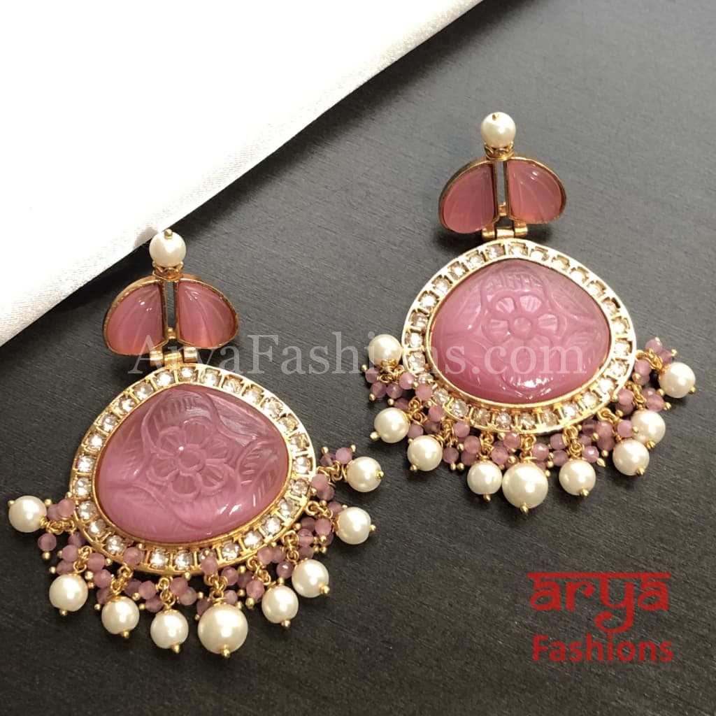 Amrapali Inspired Golden Chandbali Earrings with Handcarved stone