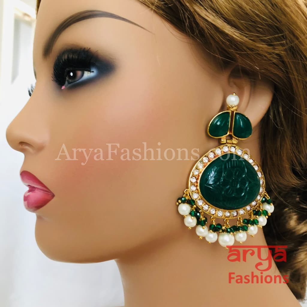 Amrapali Inspired Golden Chandbali Earrings with Handcarved stone