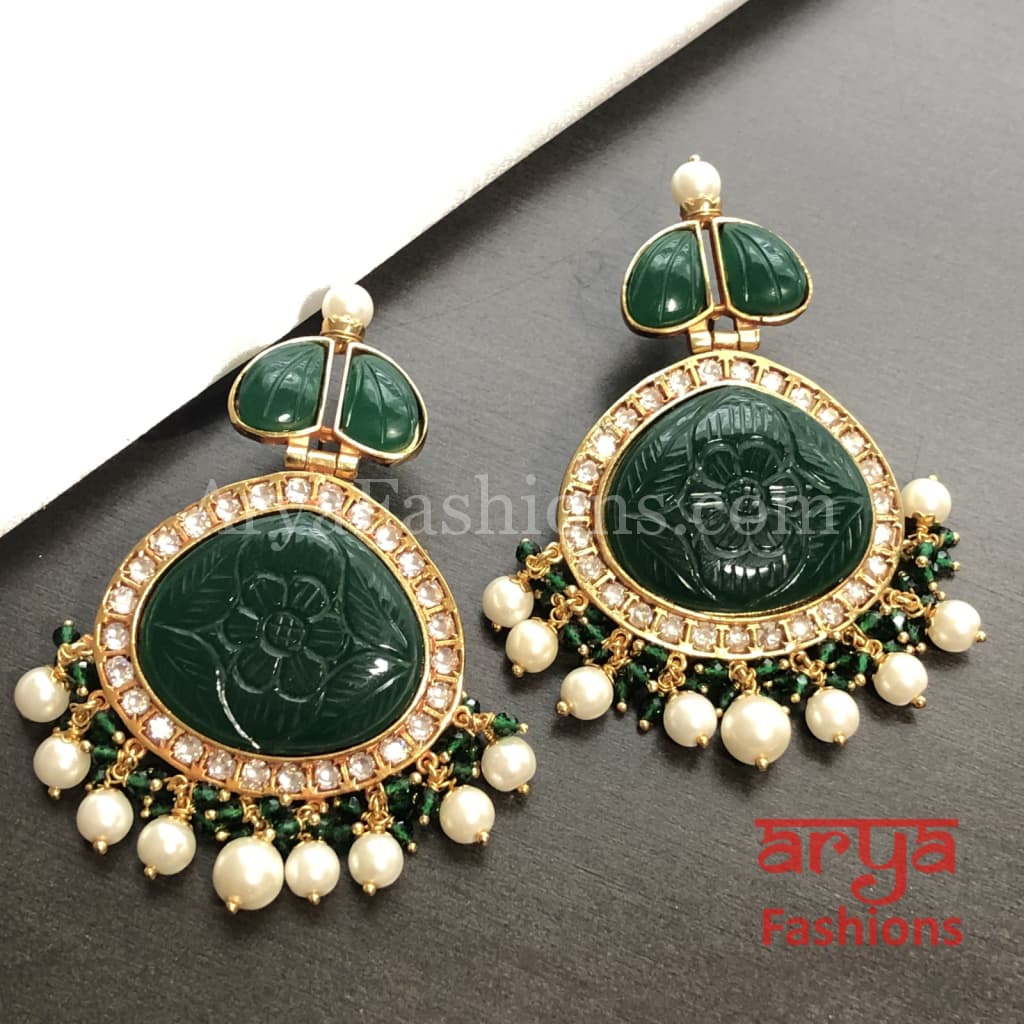 Amrapali Inspired Golden Chandbali Earrings with Handcarved stone