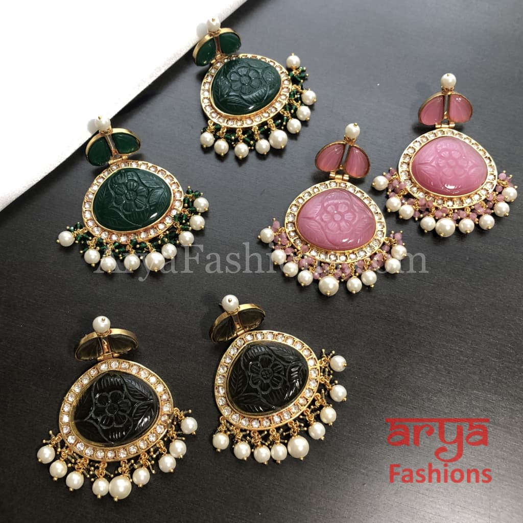 Amrapali Inspired Golden Chandbali Earrings with Handcarved stone