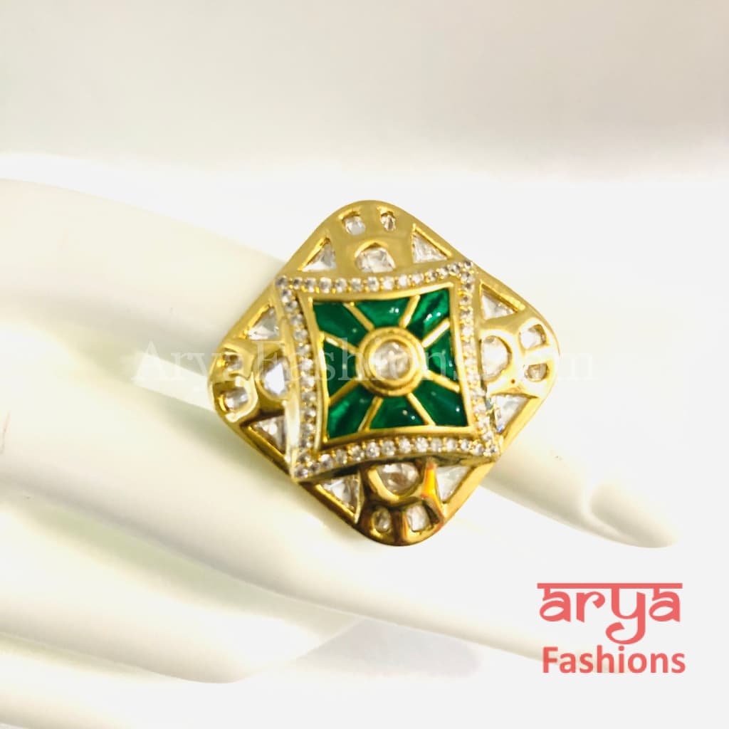Amrapali Inspired Green Emerald Kundan Adjustable Ring