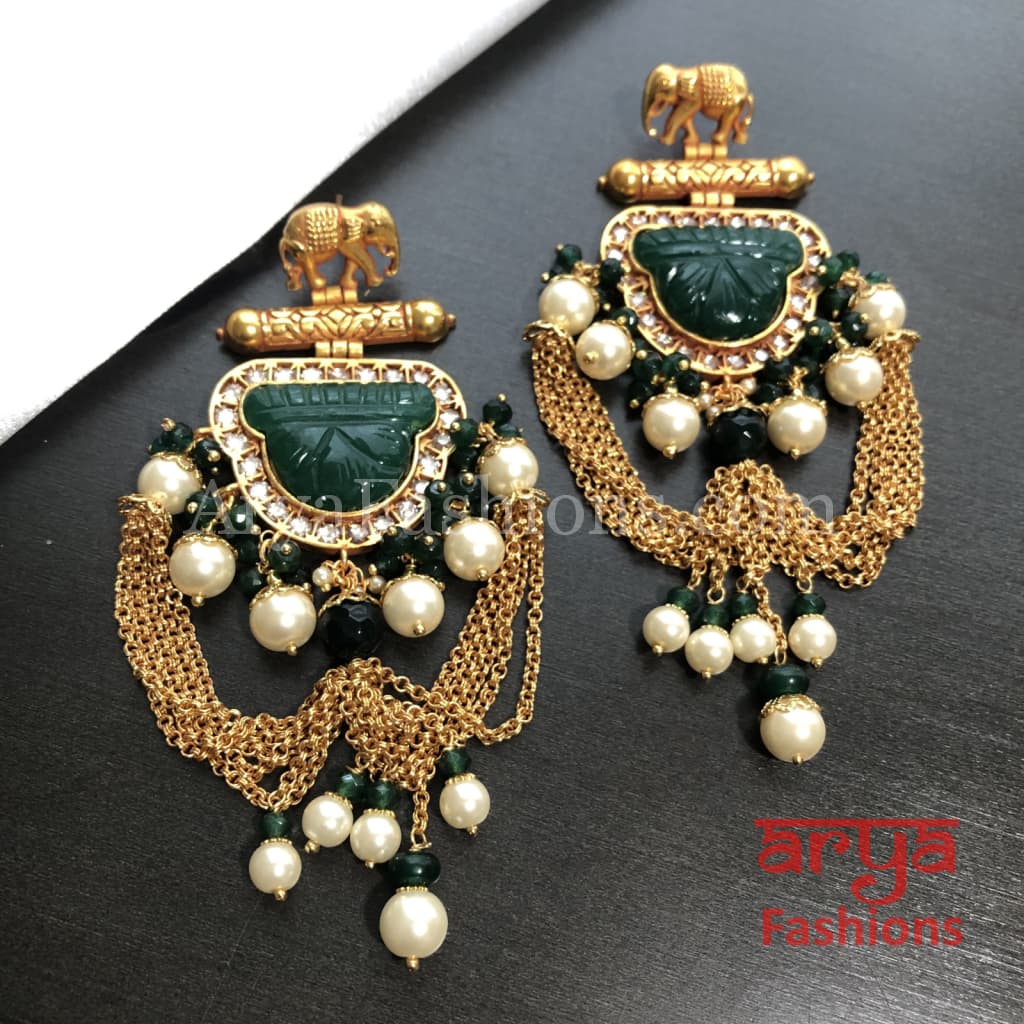 Amrapali Inspired Long Meenakari Golden Jhumka Earrings with Pearl beads