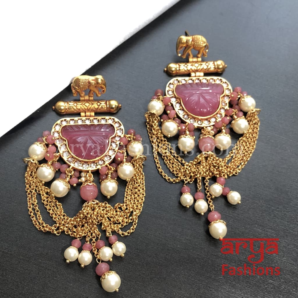 Amrapali Inspired Long Meenakari Golden Jhumka Earrings with Pearl beads