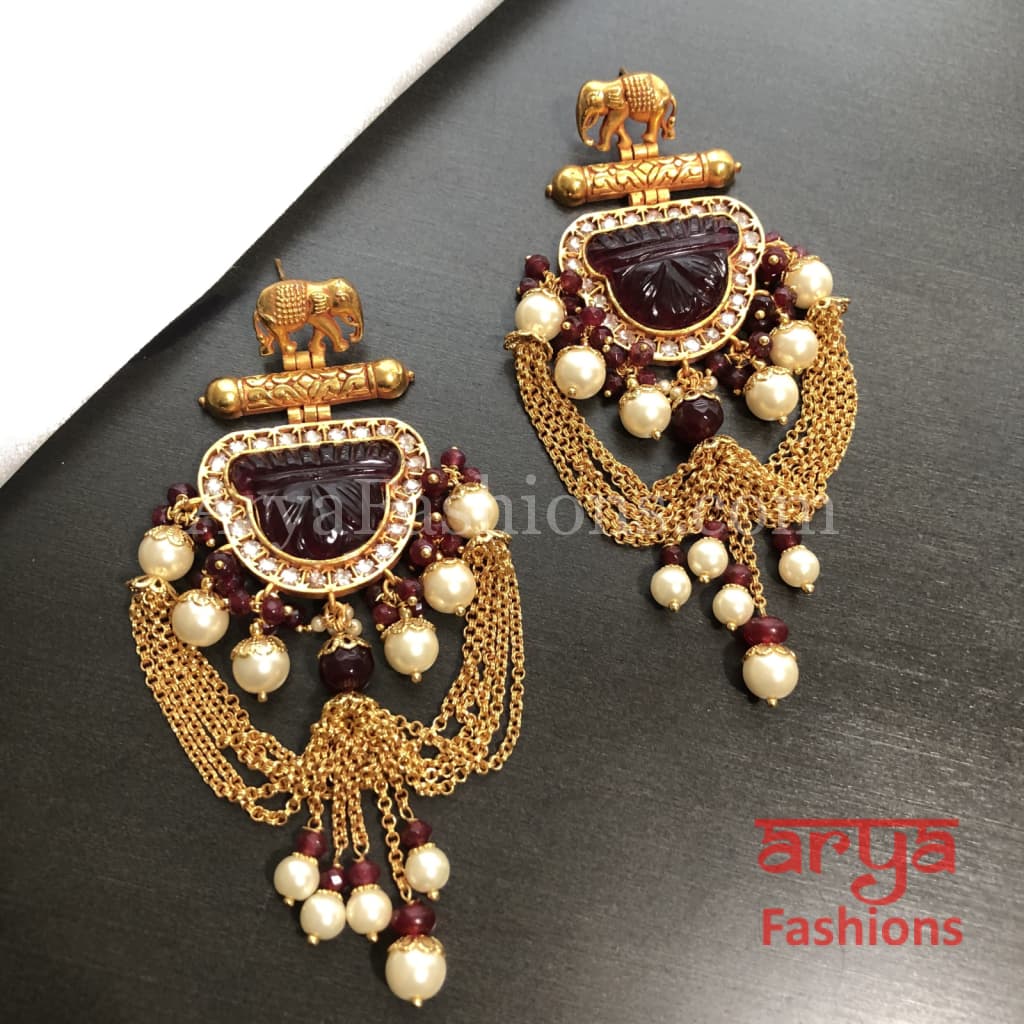 Amrapali Inspired Long Meenakari Golden Jhumka Earrings with Pearl beads
