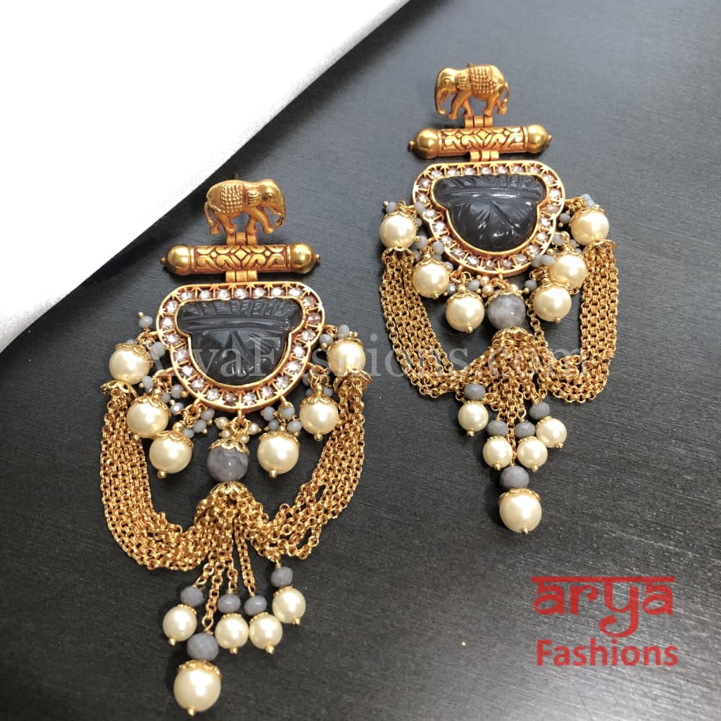 Amrapali Inspired Long Meenakari Golden Jhumka Earrings with Pearl beads