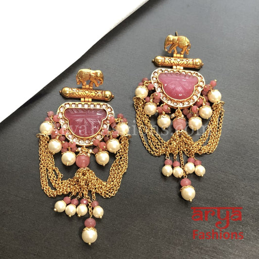 Amrapali Inspired Long Meenakari Golden Jhumka Earrings with Pearl beads