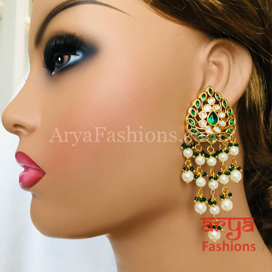 Anaira Golden Emerald Kundan Earrings with Pearl Beads