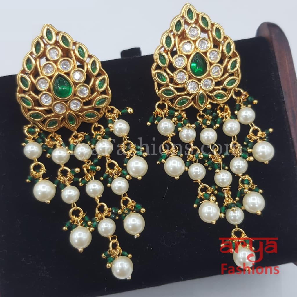 Anaira Golden Emerald Kundan Earrings with Pearl Beads