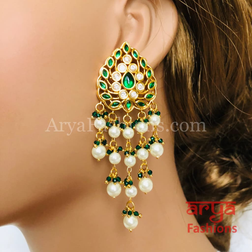 Anaira Golden Emerald Kundan Earrings with Pearl Beads