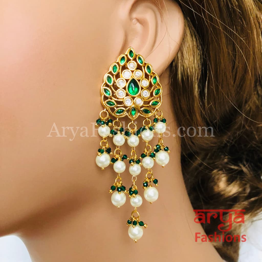 Anaira Golden Emerald Kundan Earrings with Pearl Beads