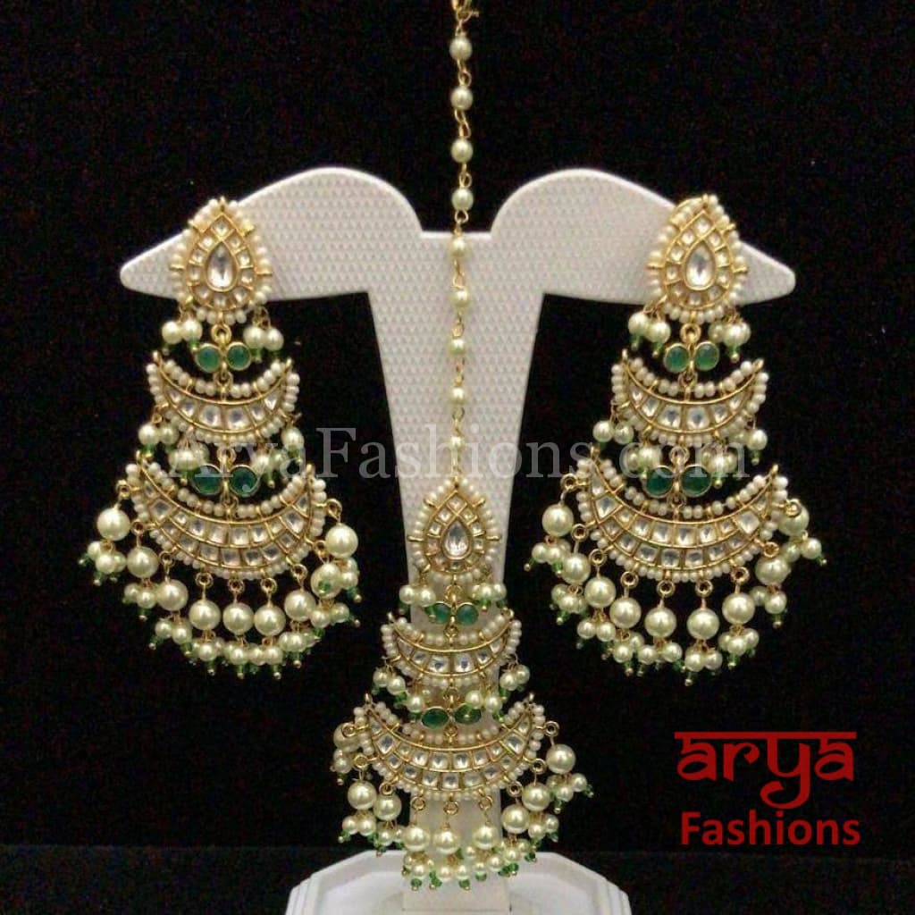 Anaira Golden Pacchi Kundan Bridal Rajwadi Long Earrings and matching Maang Tika