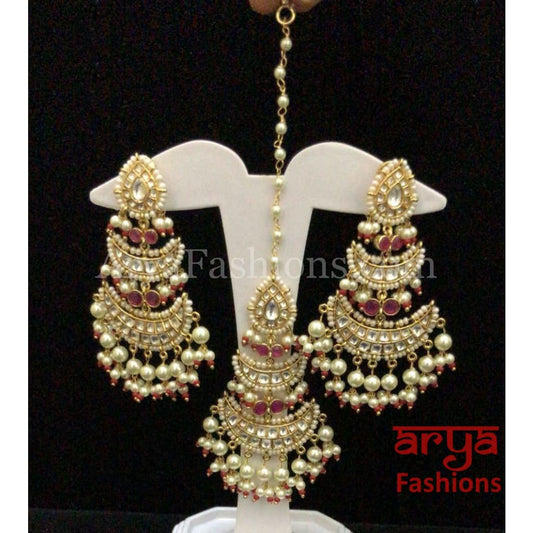 Anaira Golden Pacchi Kundan Bridal Rajwadi Long Earrings and matching Maang Tika