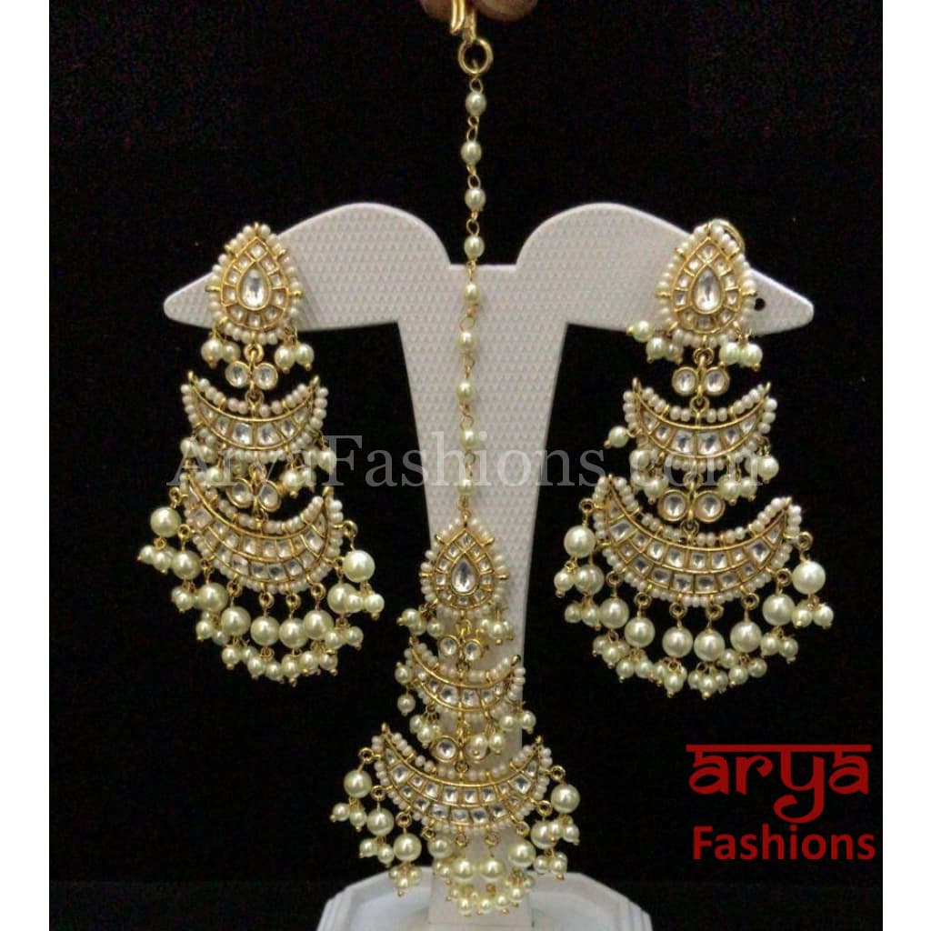 Anaira Golden Pacchi Kundan Bridal Rajwadi Long Earrings and matching Maang Tika