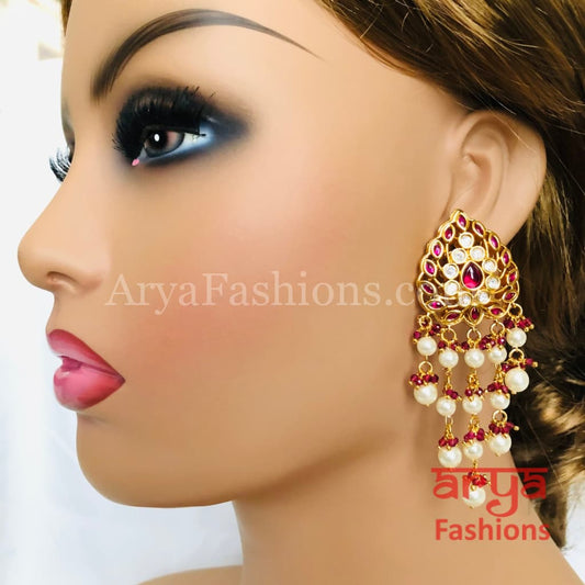 Anaira Golden Ruby Kundan Earrings with Pearl Beads