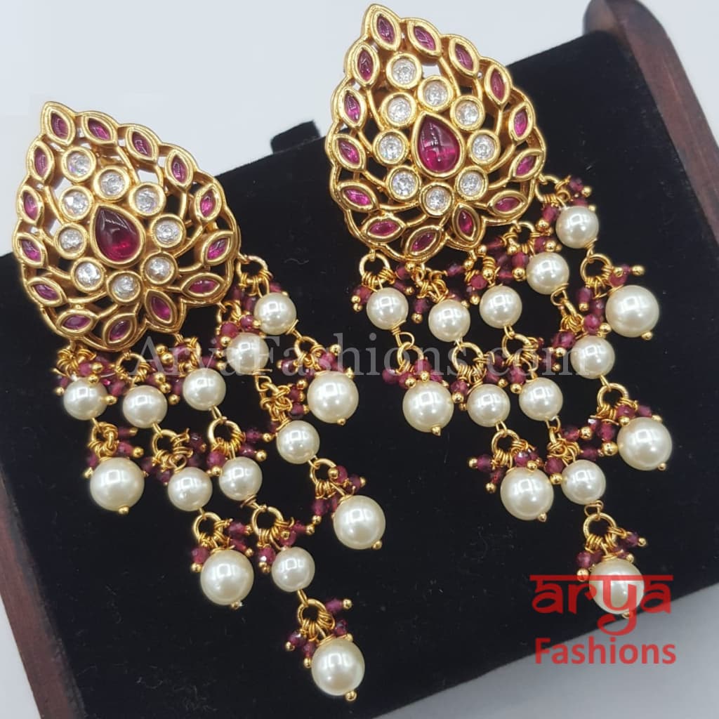Anaira Golden Ruby Kundan Earrings with Pearl Beads