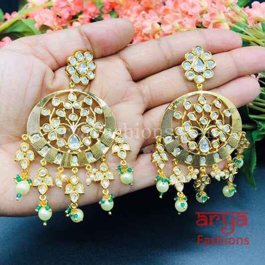 Anaira Kundan Pearl Chandbali with Green Beads