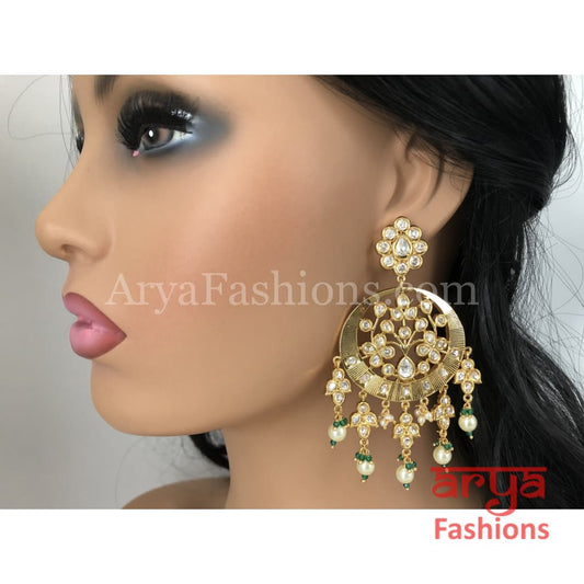 Anaira Kundan Pearl Chandbali with Green Beads