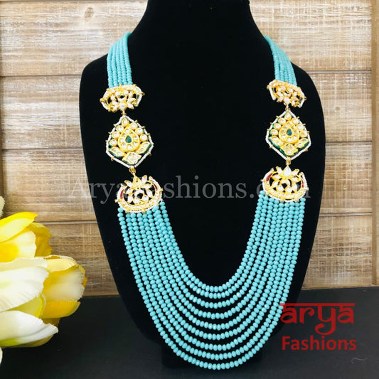 Anika Blue Beads Multilayer Multi-strand Beaded Necklace with Kundan Pendant