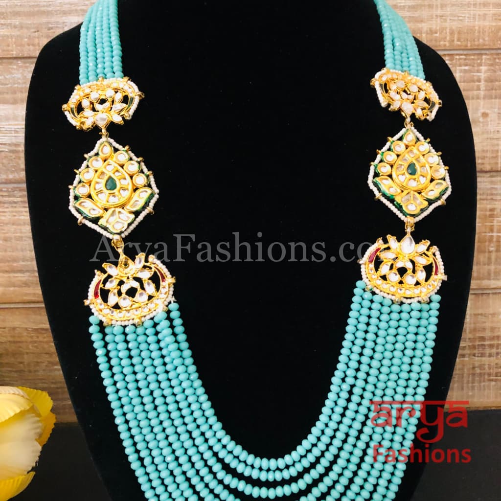 Anika Blue Beads Multilayer Multi-strand Beaded Necklace with Kundan Pendant