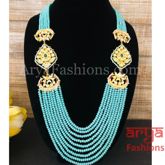 Anika Blue Beads Multilayer Multi-strand Beaded Necklace with Kundan Pendant