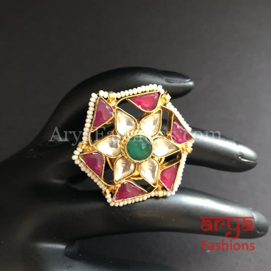 FRESH VIBES Fresh Vibes Traditional Golden Kundan Green Stone Fancy Finger  Ring for Women (Adjustable Size) - Stylish Wedding Party Big Size Ethnic  Flower Design Kundans Ladies Rings (Green) Alloy Gold Plated