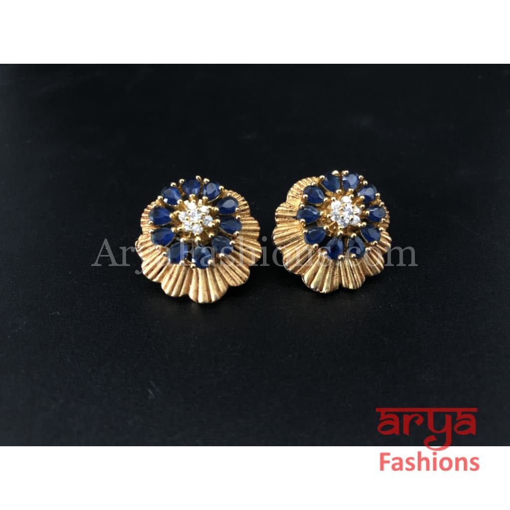 Antique Gold Traditional Studs with Blue Stones