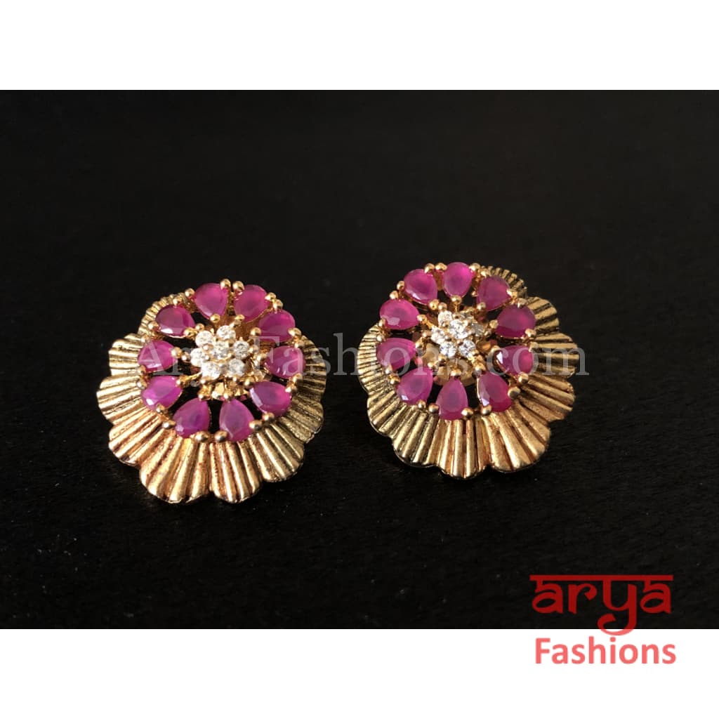 Antique Gold Traditional Studs with Pink Stones