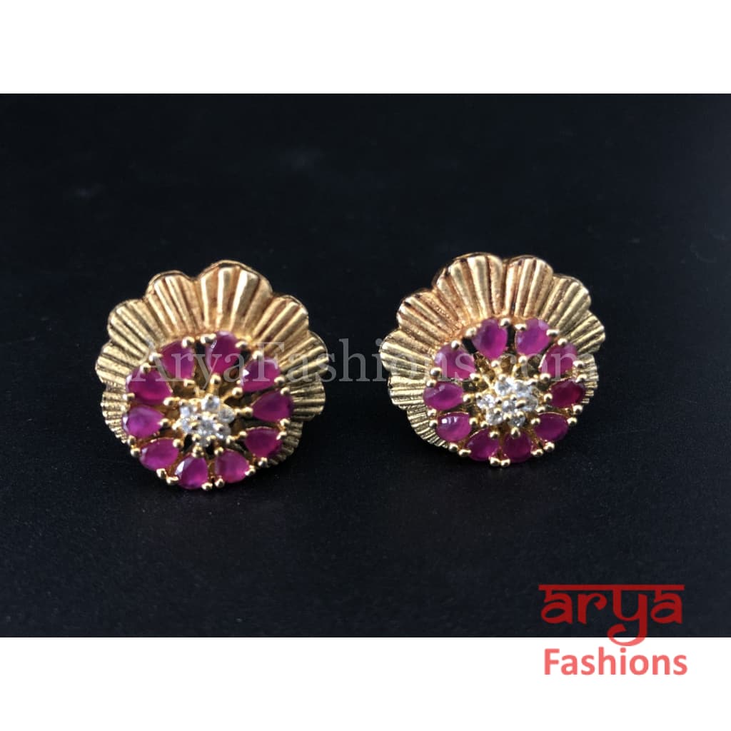 Antique Gold Traditional Studs with Pink Stones