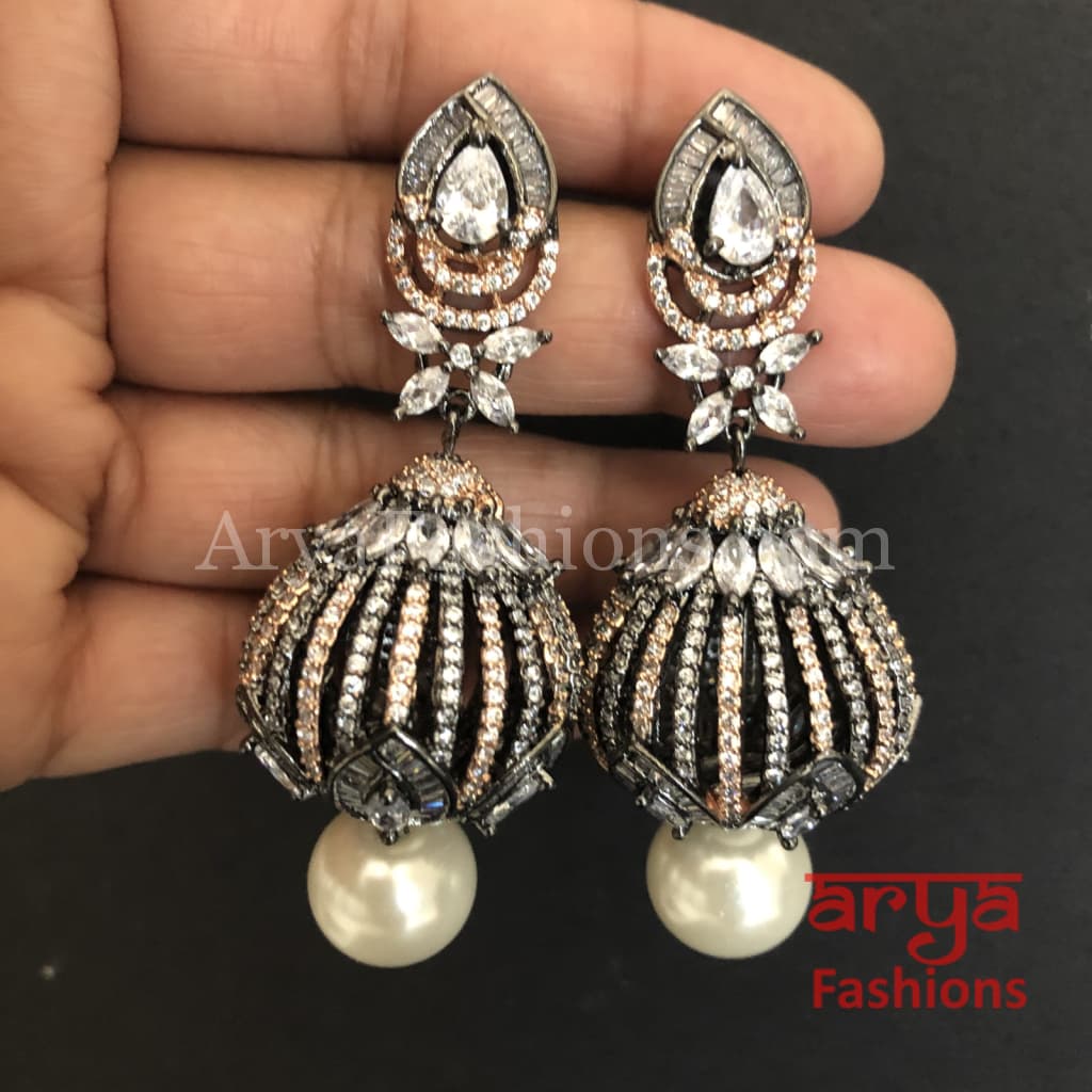 Ariana Victorian Cubic Zirconia Crown Earrings with pearl drops