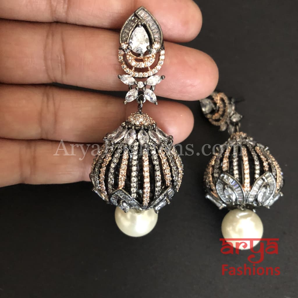 Ariana Victorian Cubic Zirconia Crown Earrings with pearl drops