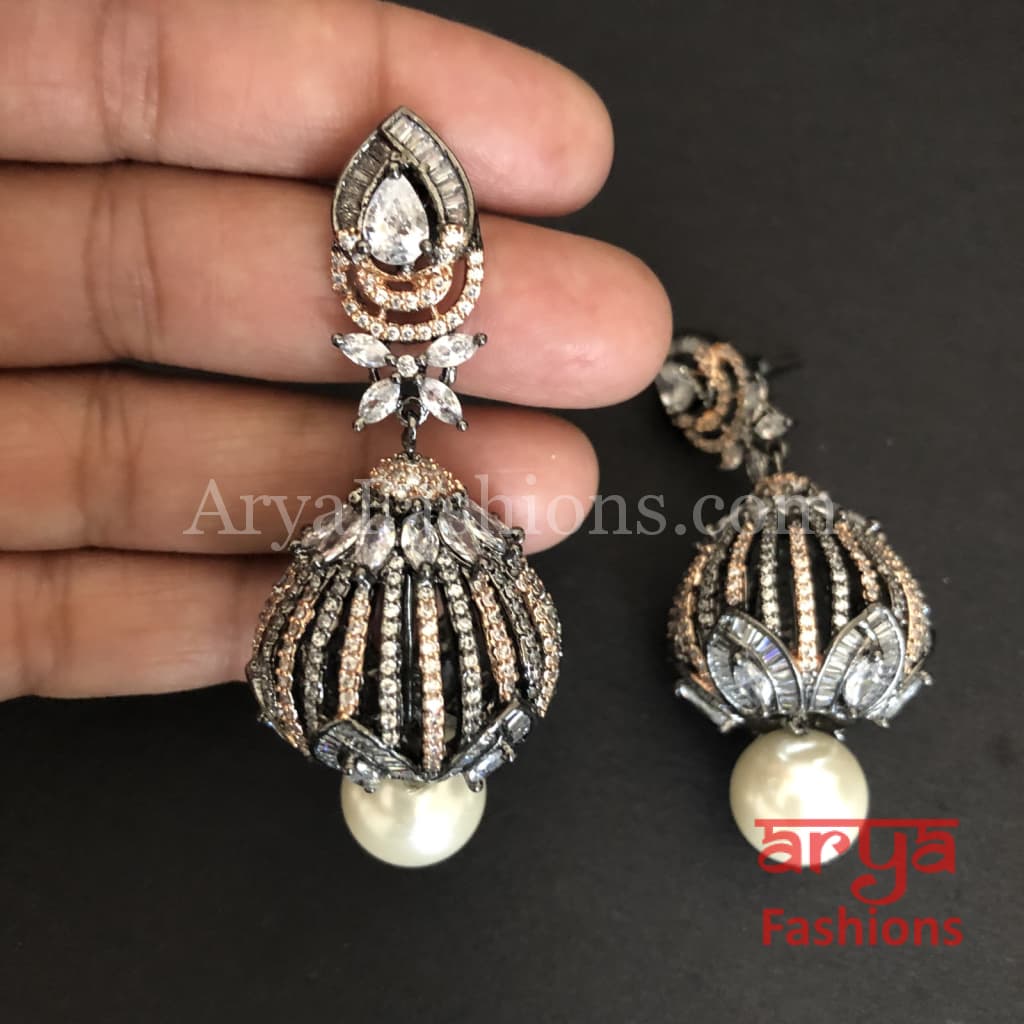 Ariana Victorian Cubic Zirconia Crown Earrings with pearl drops
