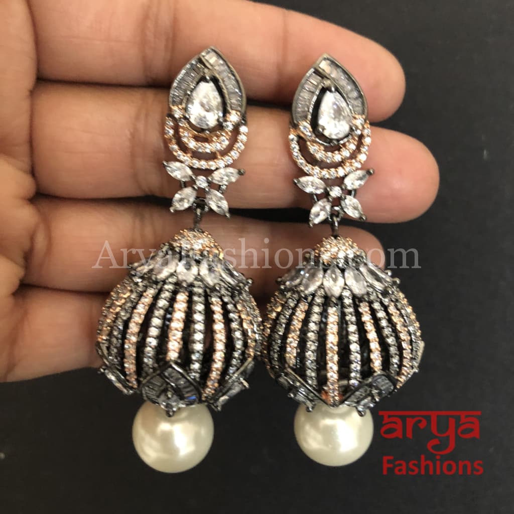 Ariana Victorian Cubic Zirconia Crown Earrings with pearl drops