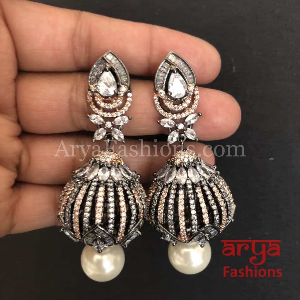 Ariana Victorian Cubic Zirconia Crown Earrings with pearl drops