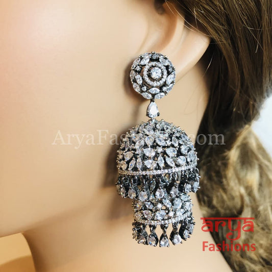 Ariana Victorian Silver Cubic Zirconia Double Jhumka Earrings