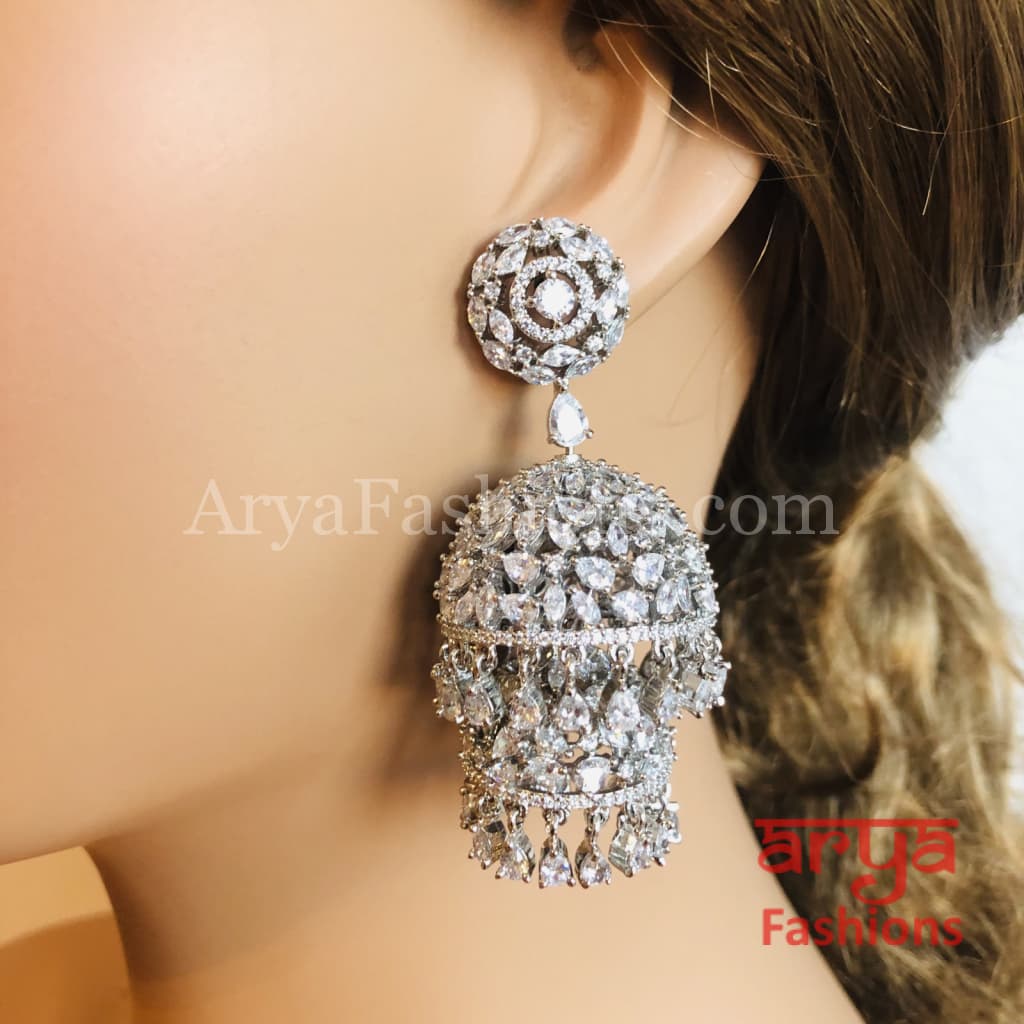 Ariana Victorian Silver Cubic Zirconia Double Jhumka Earrings