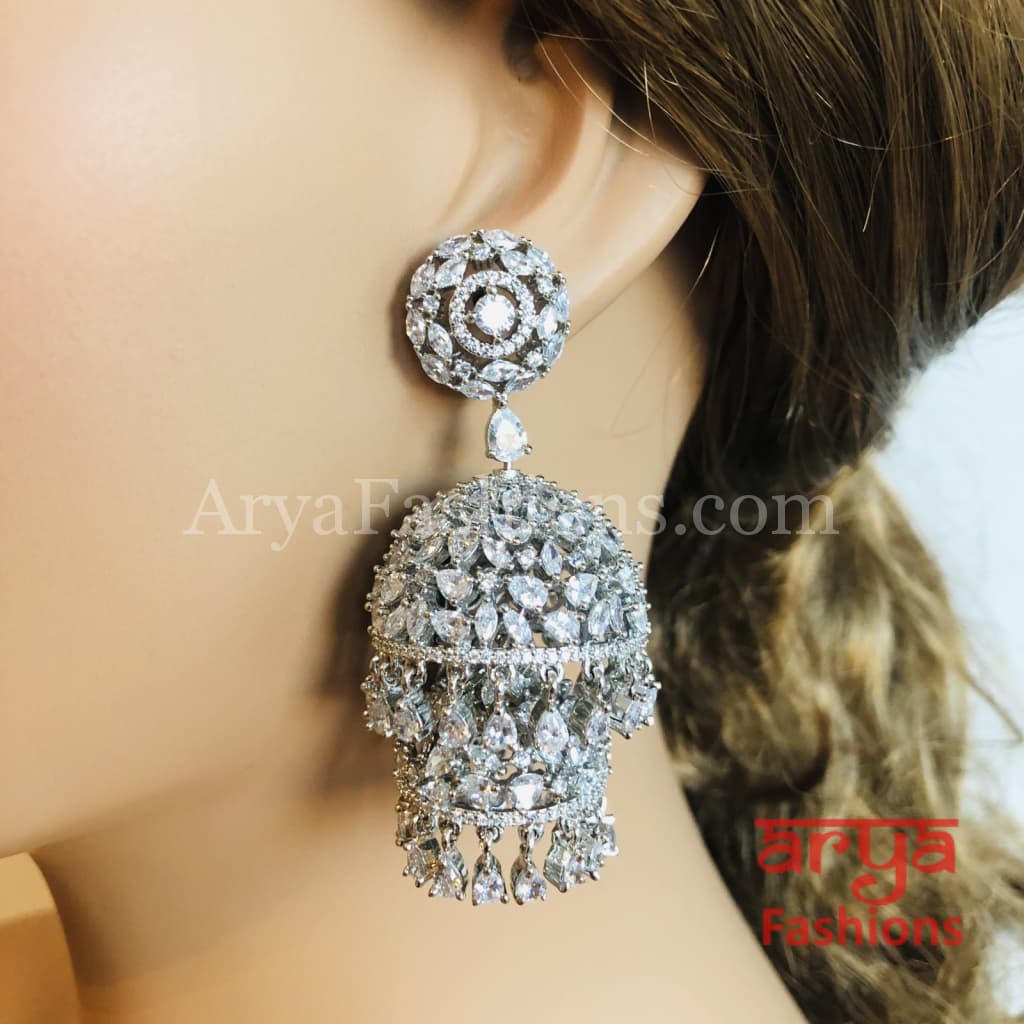Ariana Victorian Silver Cubic Zirconia Double Jhumka Earrings